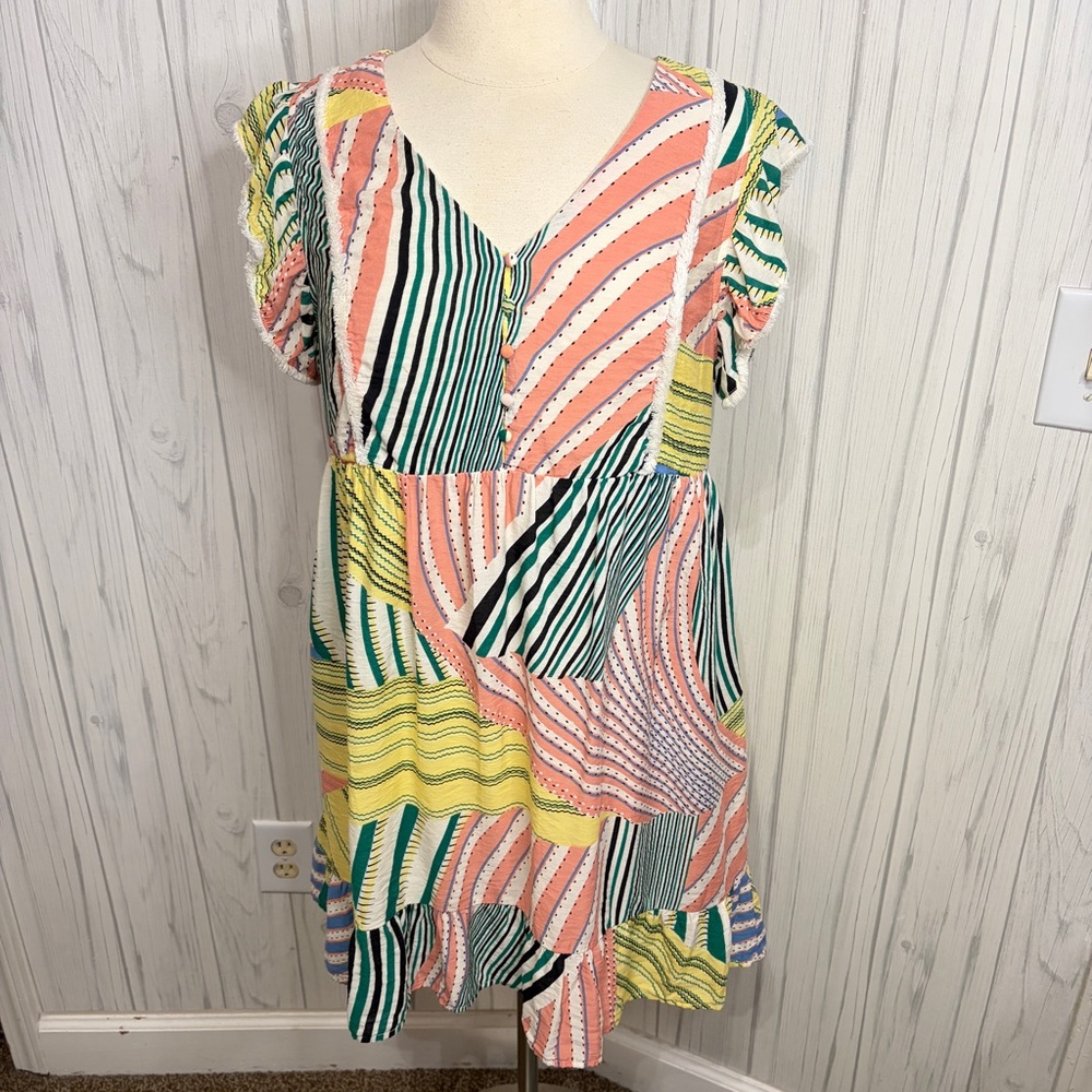 Thml Pastel Patchwork Print V-Neck Mini Shift Dre… - image 1